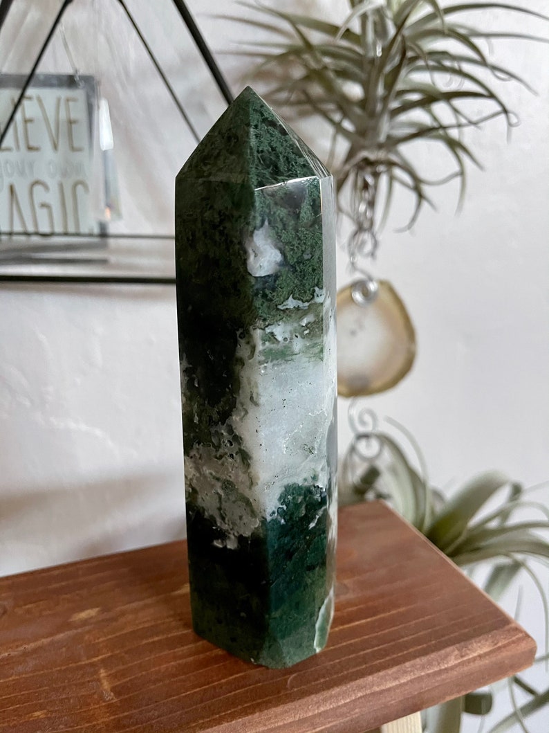 Moss Agate Tower, Natural Moss Agate, Crystal Magic