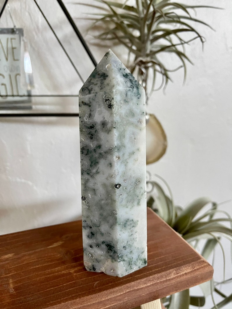 Beautiful White and Green Moss Agate Tower, Crystal Magic