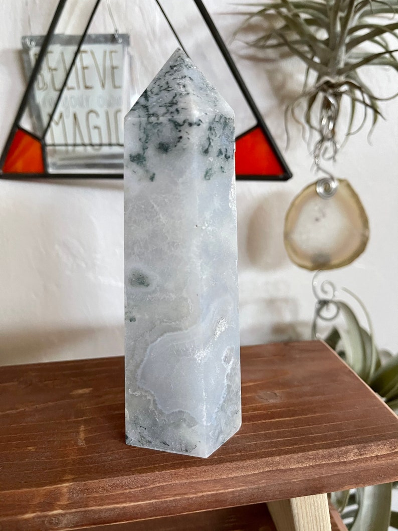 Beautiful White and Green Moss Agate Tower, Crystal Magic