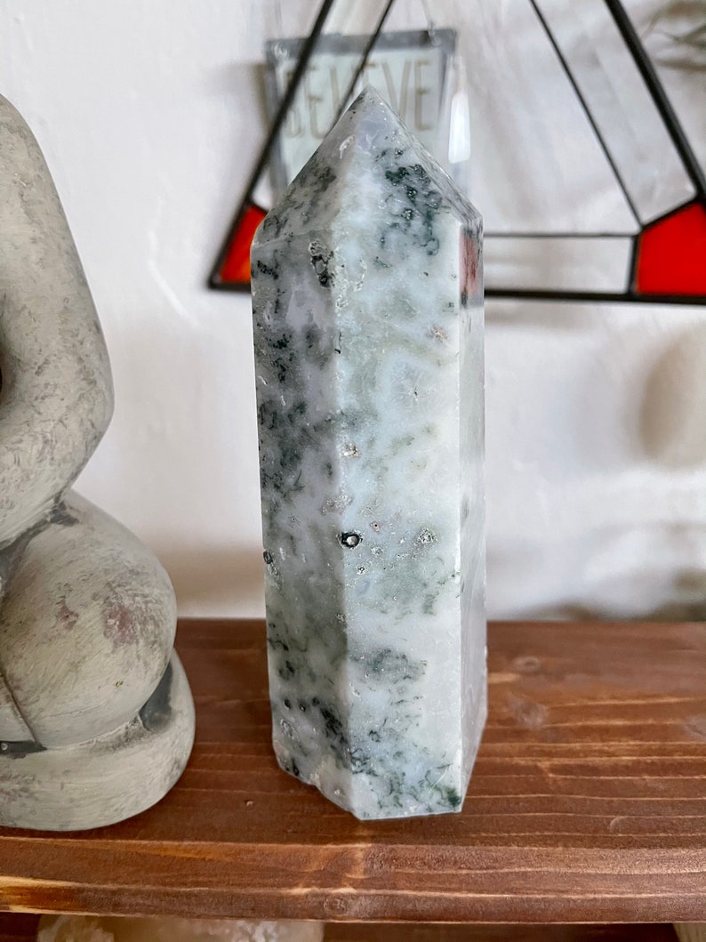 Beautiful White and Green Moss Agate Tower, Crystal Magic