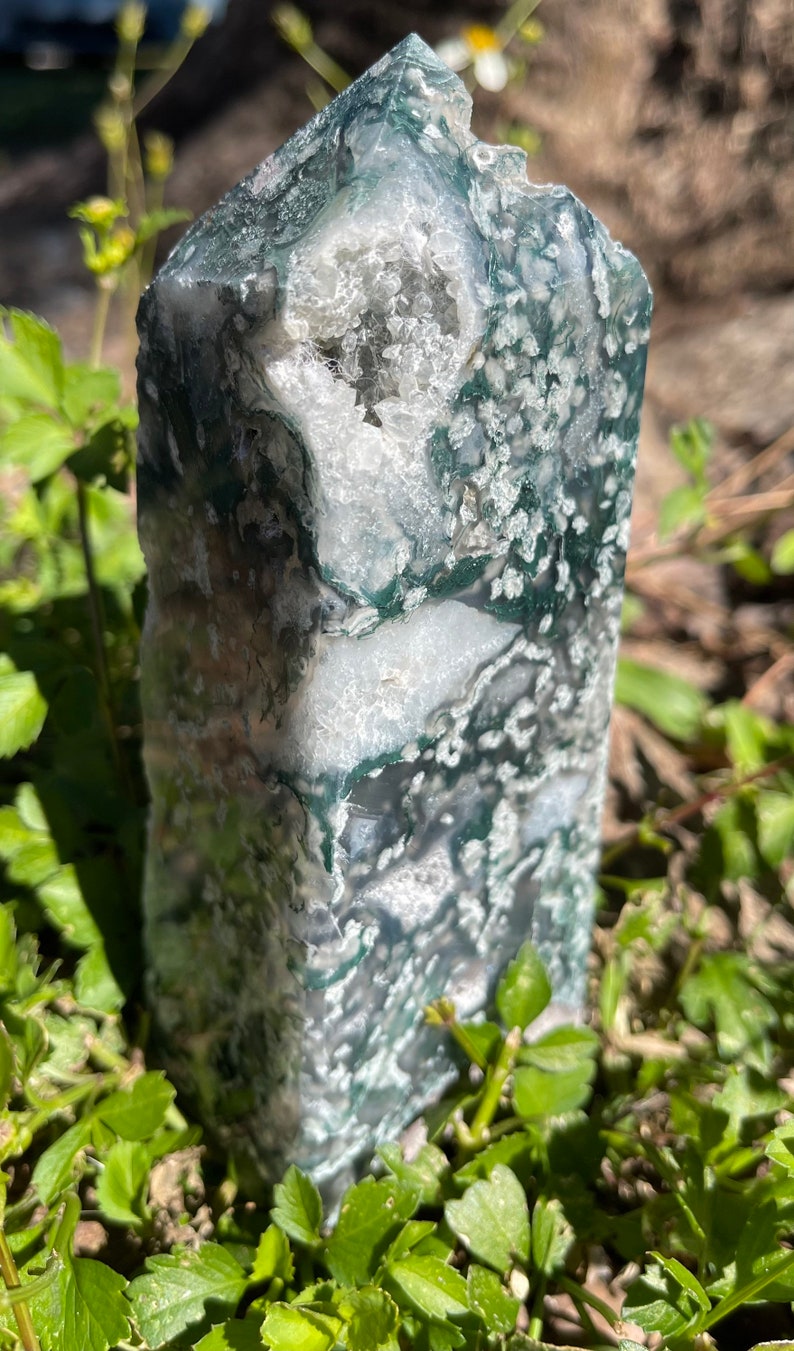 Gorgeous Patterns and Druzy Moss Agate Tower, Crystal Magic
