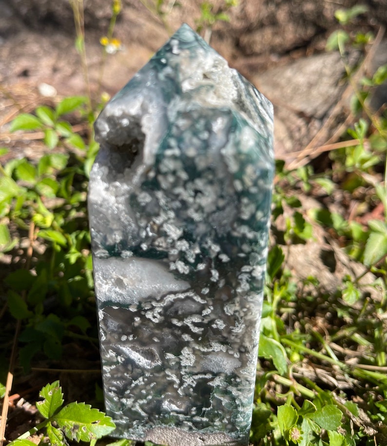 Gorgeous Patterns and Druzy Moss Agate Tower, Crystal Magic