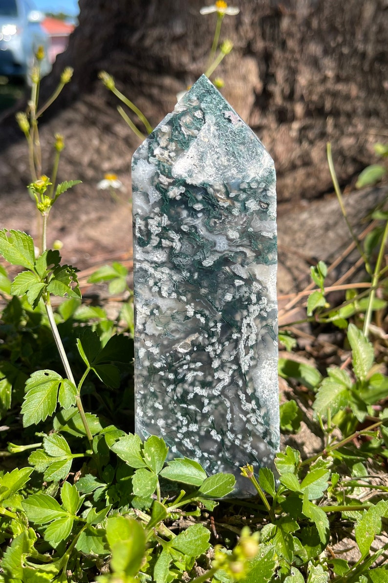 Gorgeous Patterns and Druzy Moss Agate Tower, Crystal Magic