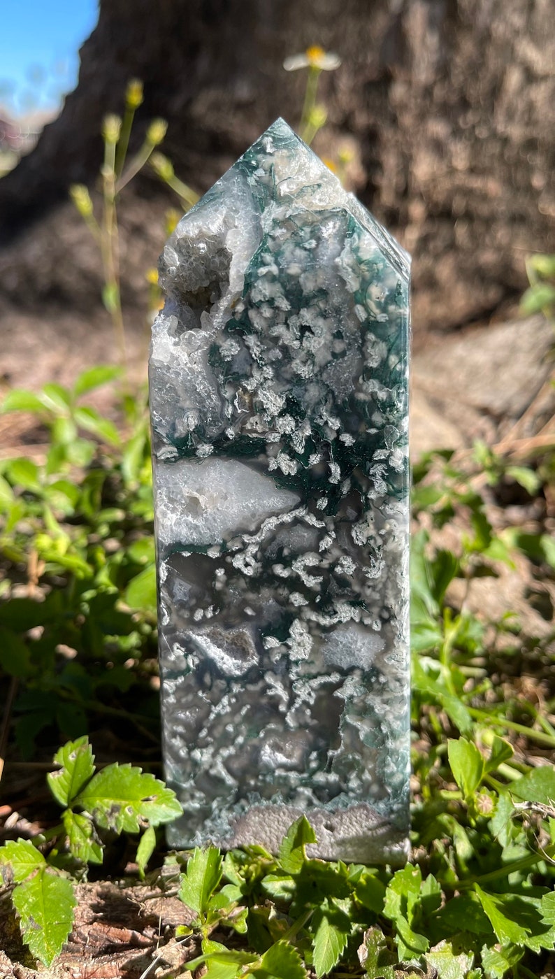 Gorgeous Patterns and Druzy Moss Agate Tower, Crystal Magic