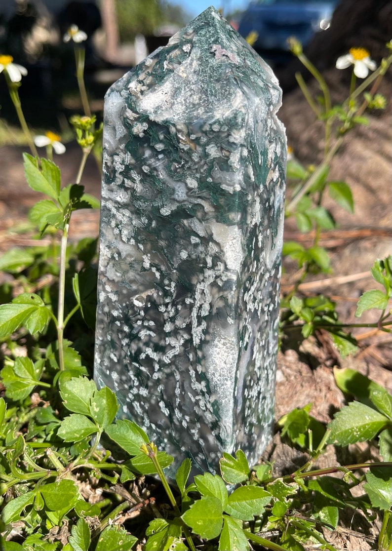 Gorgeous Patterns and Druzy Moss Agate Tower, Crystal Magic