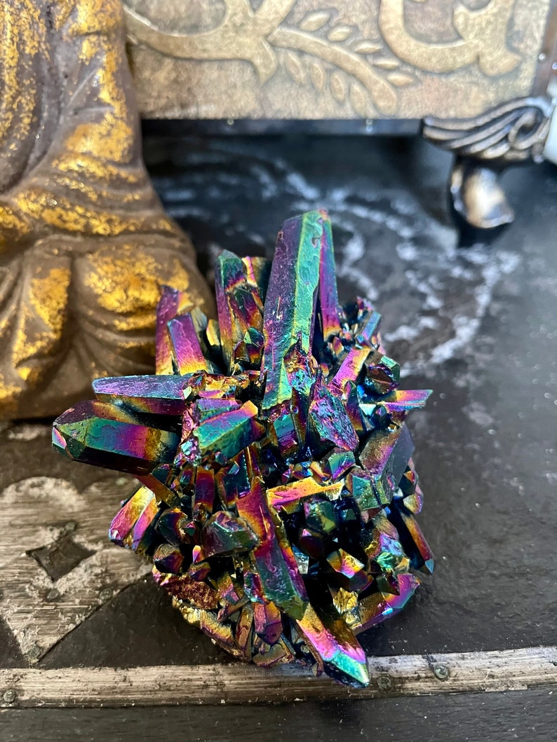 Large Unique Rainbow Aqua Aura Quartz Crystal Cluster, Crystal Magic