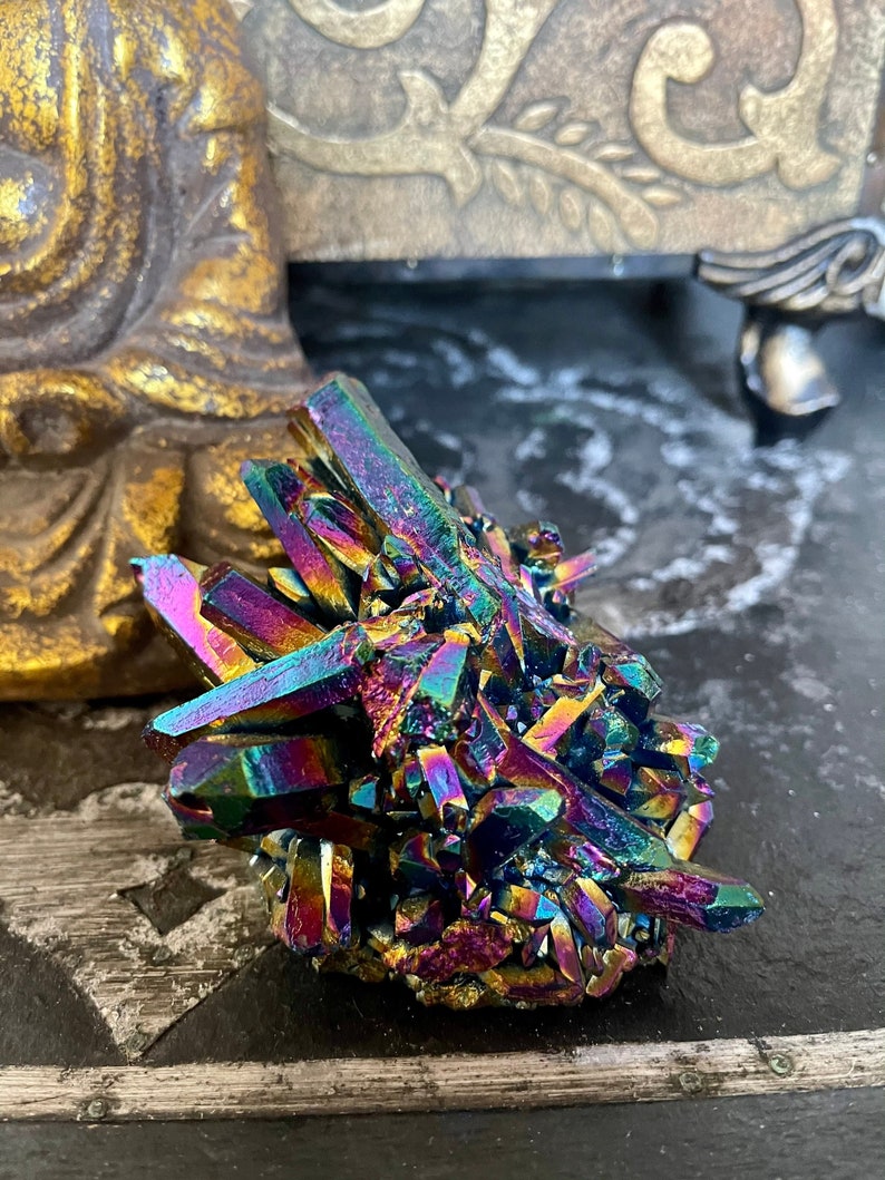 Large Unique Rainbow Aqua Aura Quartz Crystal Cluster, Crystal Magic