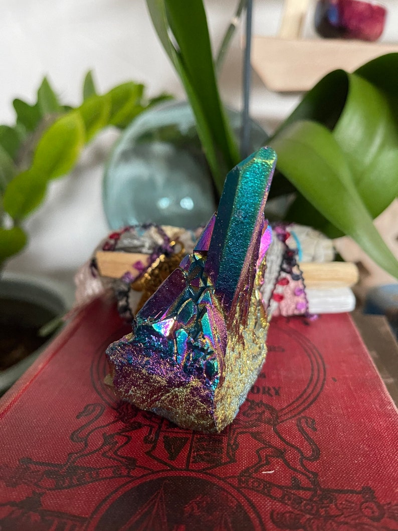 Unique Rainbow Aqua Aura Quartz Crystal Cluster, Crystal Magic