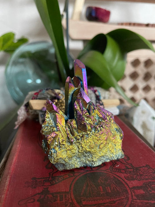 Unique Rainbow Aqua Aura Quartz Crystal Cluster, Crystal Magic