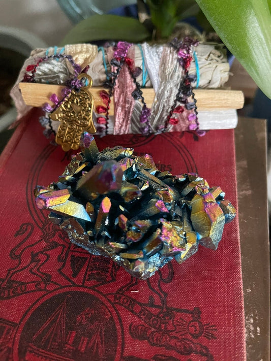 Unique Rainbow Aqua Aura Quartz Crystal Cluster, Crystal Magic