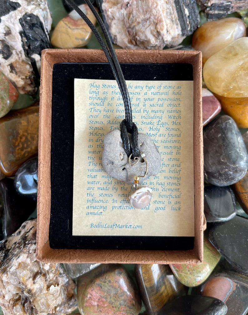 New Mermaid Collection, "Niamh", Bodhi Jewelry, hag stone pendant, hag stone necklace, adder stone, hex stone, witch stone