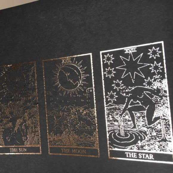Distressed Gold Foiled Celestial Trio Tarot Print, Home Decor, Bodhi Signs